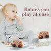 A baby is playing with a wooden Montessori push cart toy set made of beech wood.