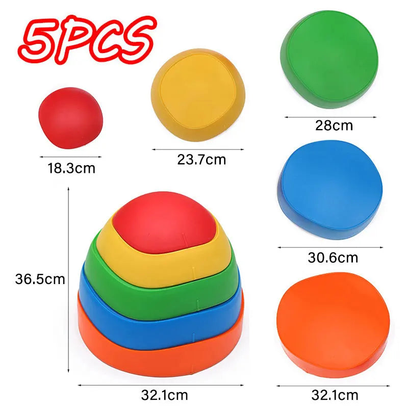 Five colored balance stepping stones for kids used in sensory and motor skills development.
