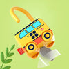 A yellow Montessori number matching lock toy with keys for toddlers is shown against a light green background.