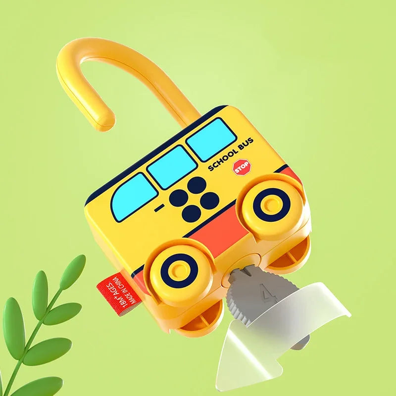 A yellow Montessori number matching lock toy with keys for toddlers is shown against a light green background.