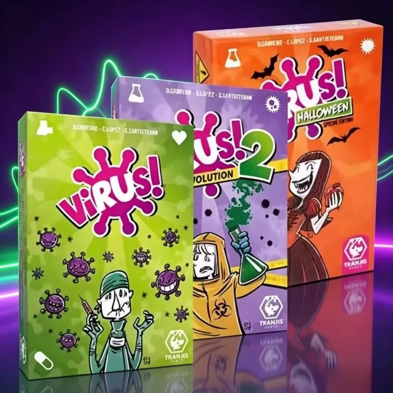 A set of three card game boxes featuring the Virus series including Evolution and Halloween expansions