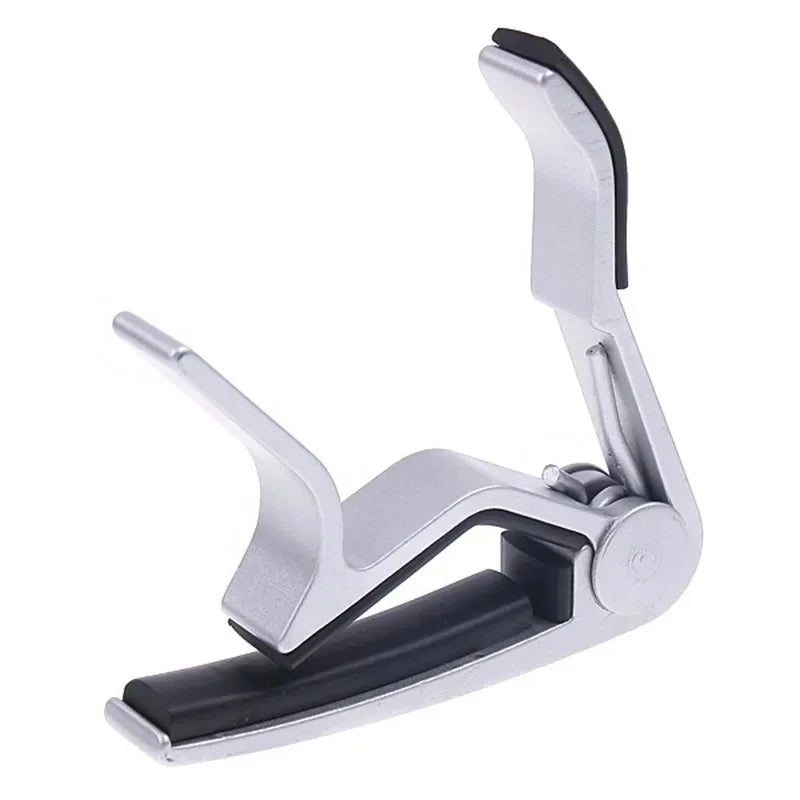 Silver aluminum alloy quick-change guitar capo with a black grip