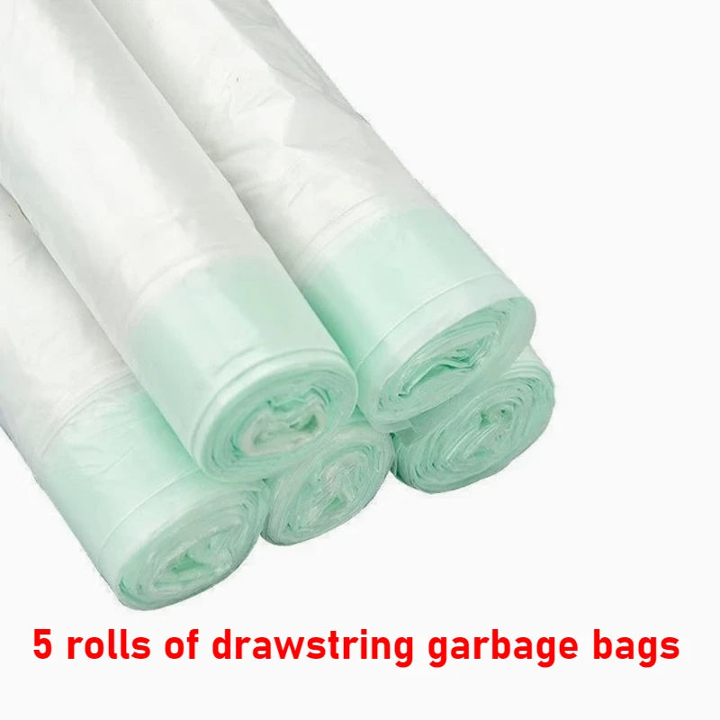 Five rolls of clear plastic drawstring garbage bags for waste disposal.