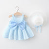 A light blue floral baby girl summer dress with a bow and a matching white sunhat