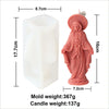 A pink silicone figure mold of a female saint for candle and resin crafting, shown next to the finished candle.