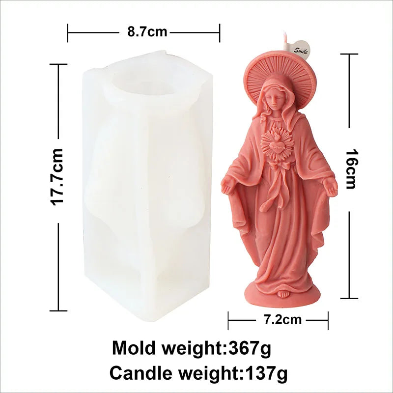 A pink silicone figure mold of a female saint for candle and resin crafting, shown next to the finished candle.