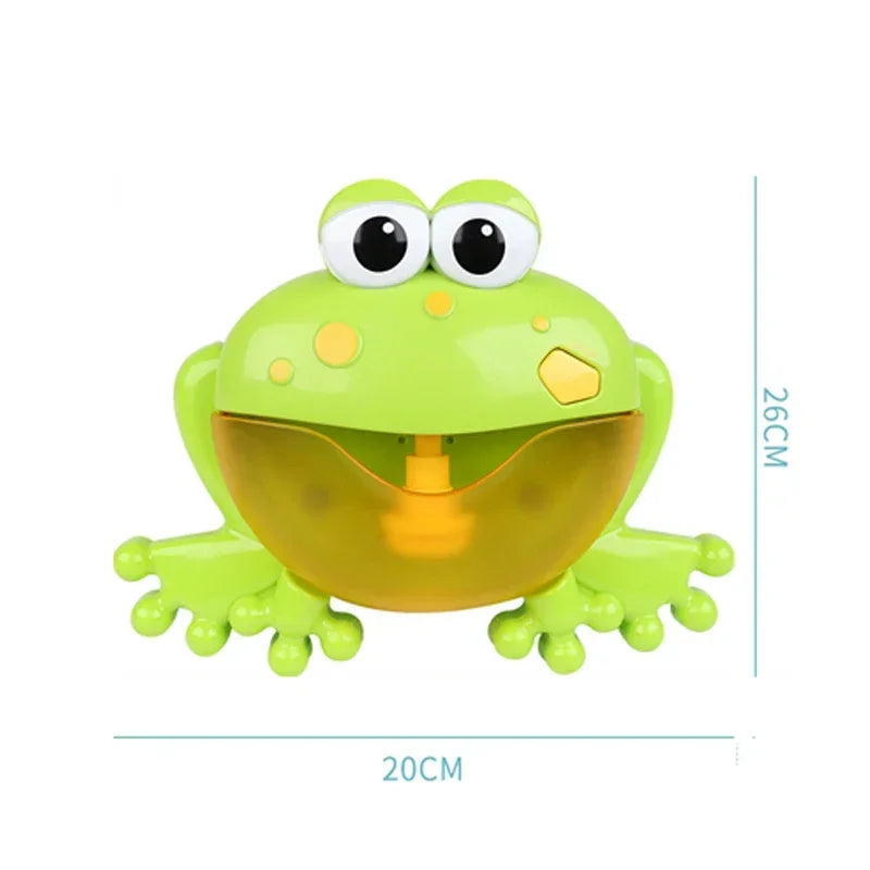 A bright lime green frog toy with large eyes and yellow accents, shown from the front.