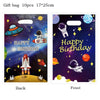 Two gift bags for a birthday party featuring outer space themes, one showing a rocket and the other with text.