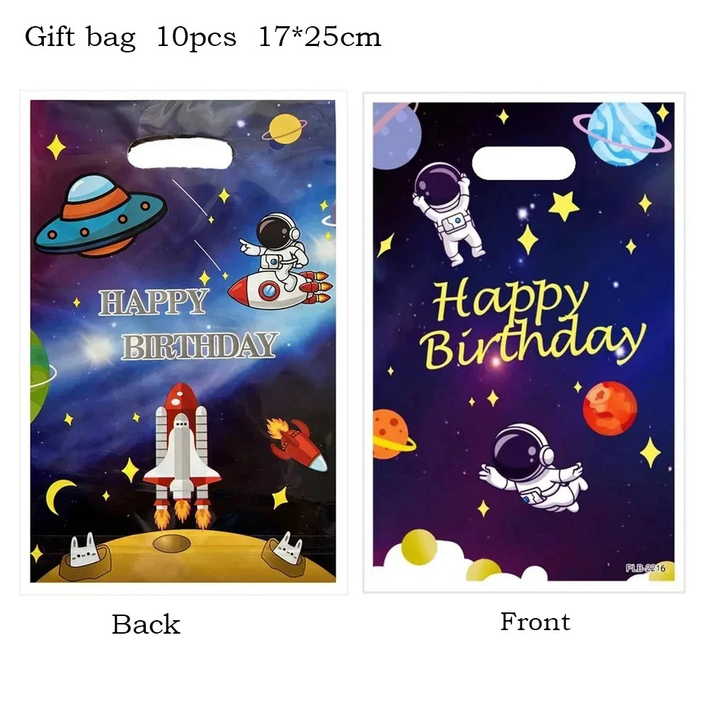 Two gift bags for a birthday party featuring outer space themes, one showing a rocket and the other with text.