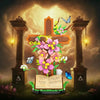 A building block kit depicting a religious Easter cross adorned with pink and purple flowers and butterflies.