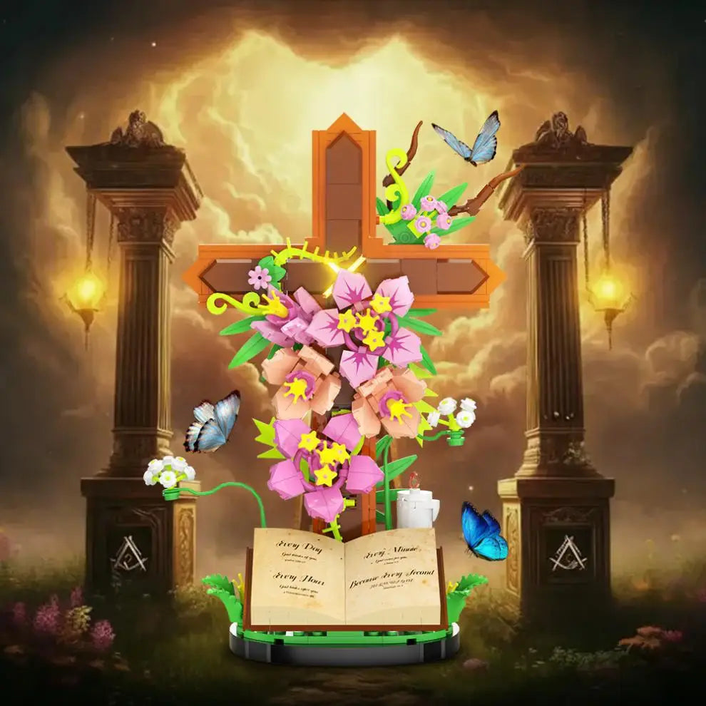 A building block kit depicting a religious Easter cross adorned with pink and purple flowers and butterflies.