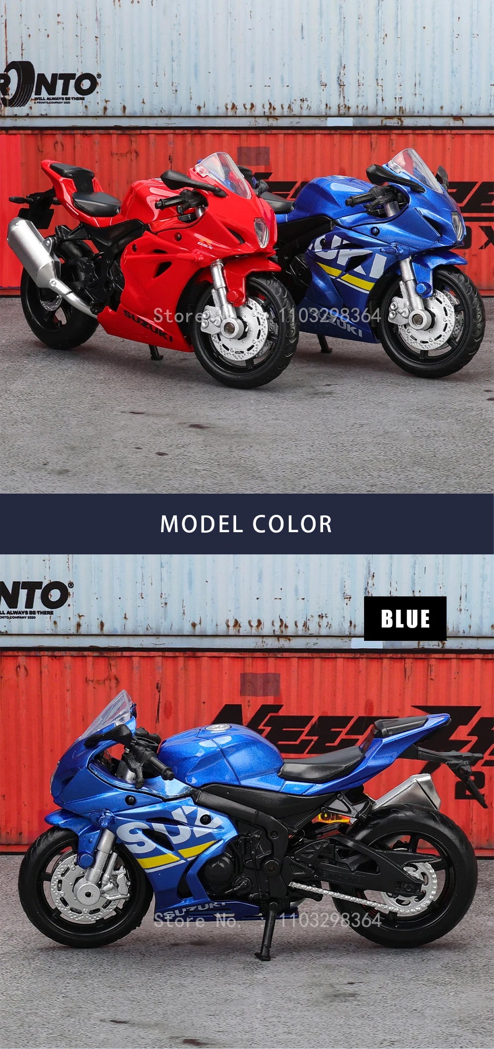 A blue 1:18 scale die-cast motorcycle model is displayed against a corrugated metal background.