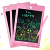 A pink 8.5-inch LCD writing tablet for kids displaying the text I'm happy and various colorful drawings.