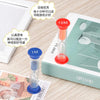 A set of colorful hourglass sand timers showing 10 minutes and 1 minute durations on a wooden surface.