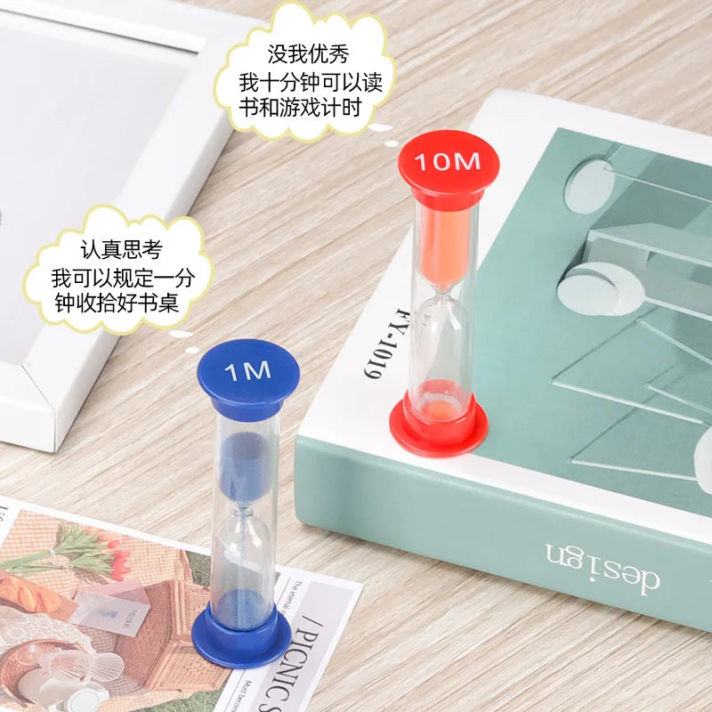 A set of colorful hourglass sand timers showing 10 minutes and 1 minute durations on a wooden surface.