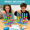 Two children are engaged in a head-to-head puzzle race using colorful stacking rings for sorting and motor skills development