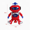 A red and blue spinning dancing robot with lights and music, shown from the front.