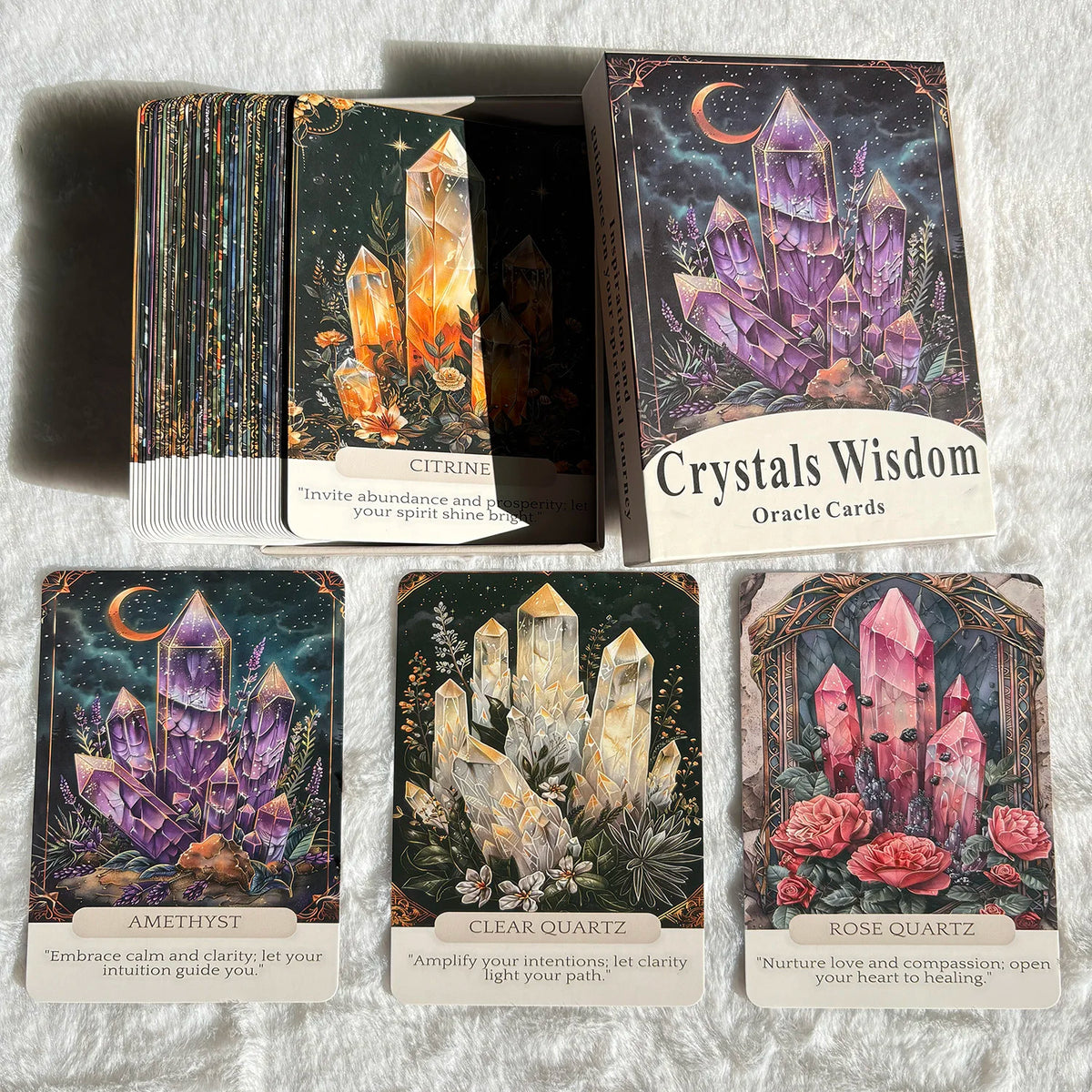A collection of Crystals Wisdom Oracle Cards featuring amethyst, clear quartz, and rose quartz stones.