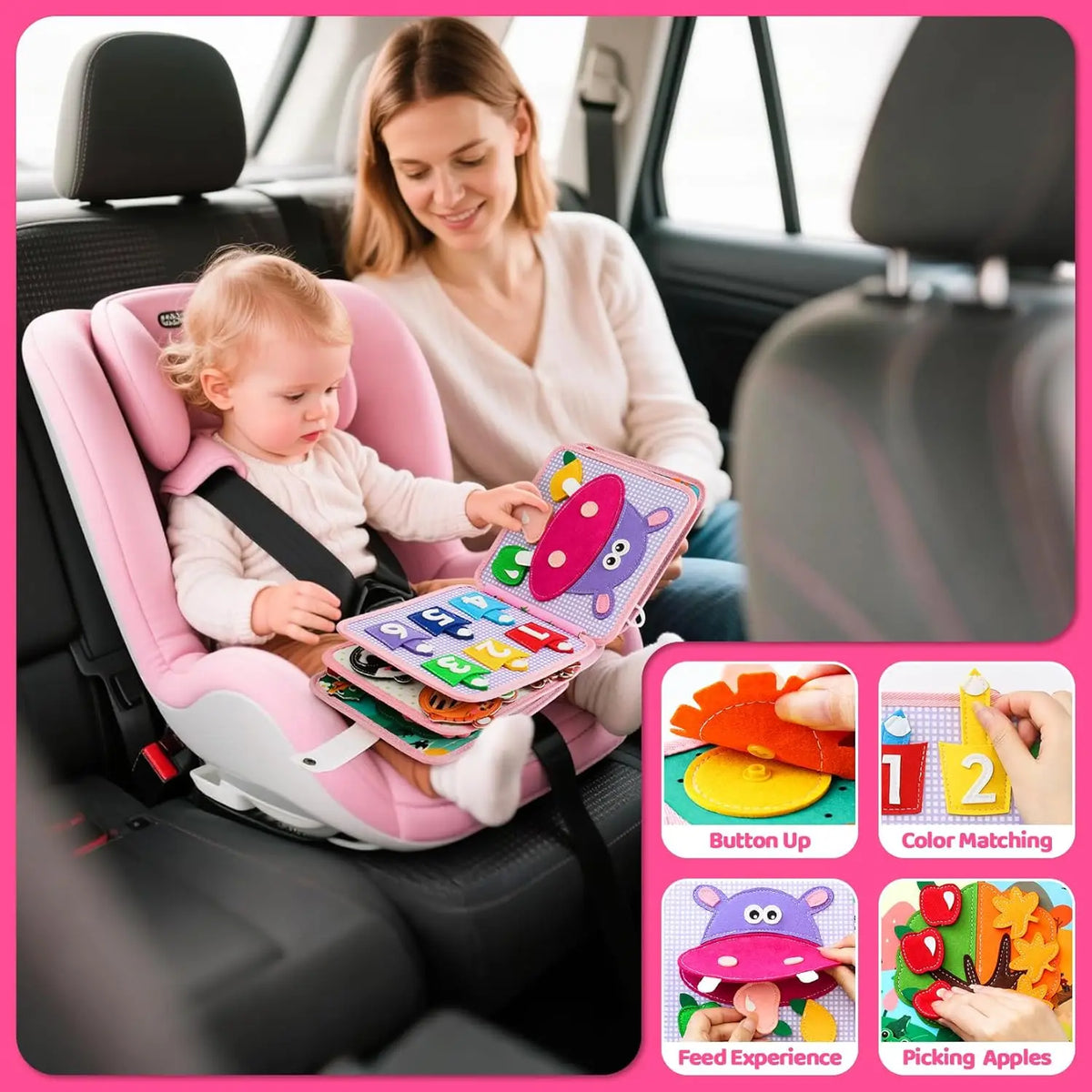 A toddler is interacting with a Montessori felt busy book featuring various hands-on learning activities.