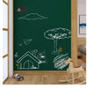 A green chalkboard wall sticker featuring hand-drawn white illustrations of a sun, clouds, trees, and a house.