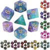 A collection of polyhedral dice in various colors and cosmic effects, including blue, purple, green, and red.