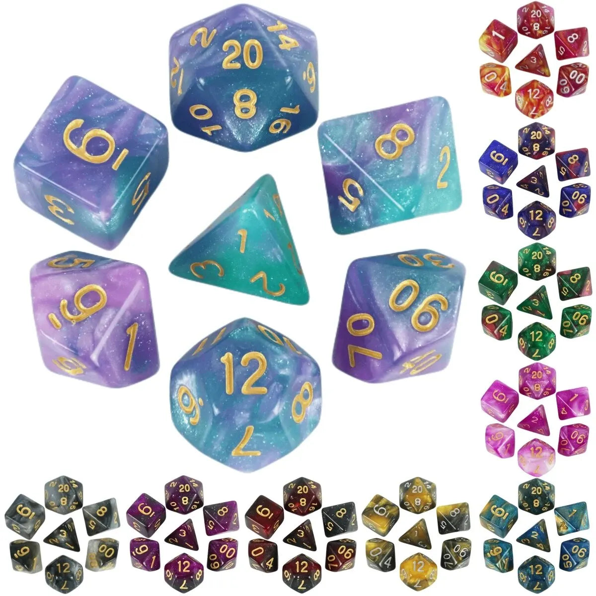 A collection of polyhedral dice in various colors and cosmic effects, including blue, purple, green, and red.