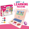 A pink toddler learning machine laptop toy with a keyboard and screen, featuring light, music, and carousel functions.