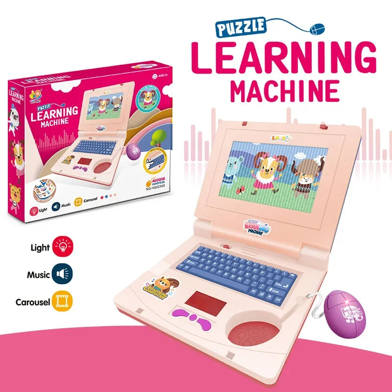 A pink toddler learning machine laptop toy with a keyboard and screen, featuring light, music, and carousel functions.