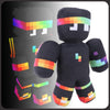 A black plush toy resembling a pixelated parrot with colorful accents on its body and wings.