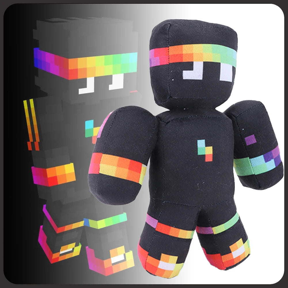 A black plush toy resembling a pixelated parrot with colorful accents on its body and wings.