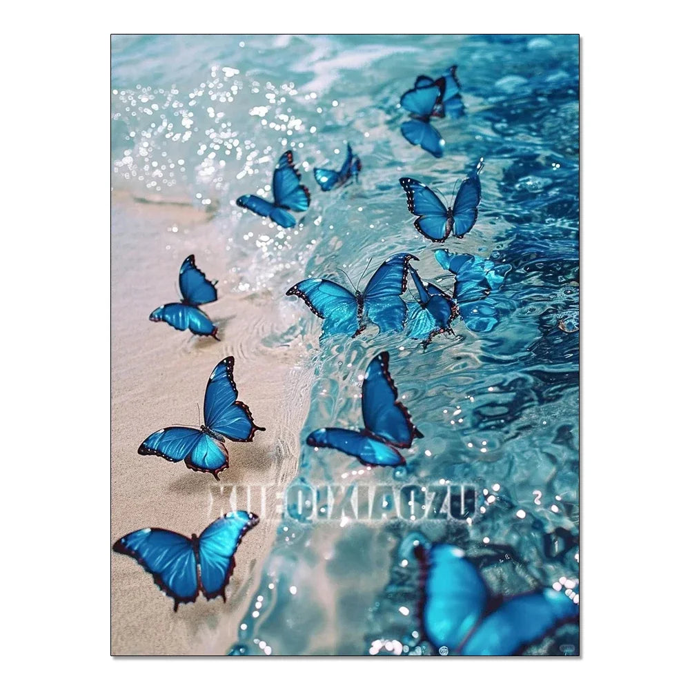 A close-up of blue butterflies swimming in clear water against a light, sandy background.