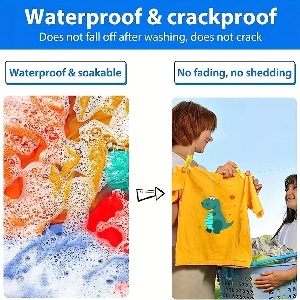 Close-up of waterproof and crackproof DTF transfer film sheets showing water resistance and fabric printing examples.