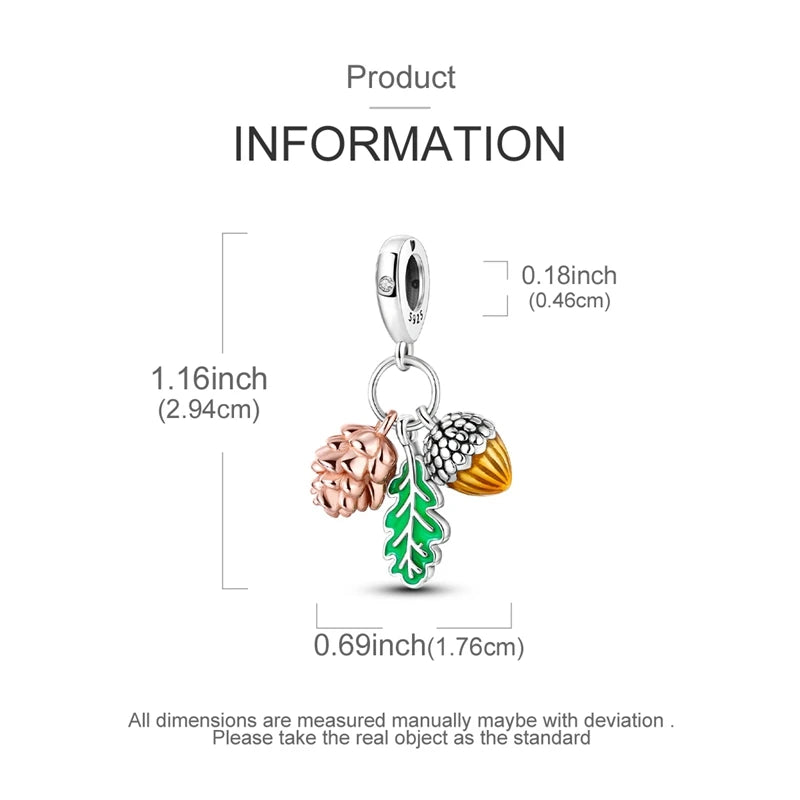 A silver heart charm featuring a pinecone and a green leaf design for bracelets and necklaces.