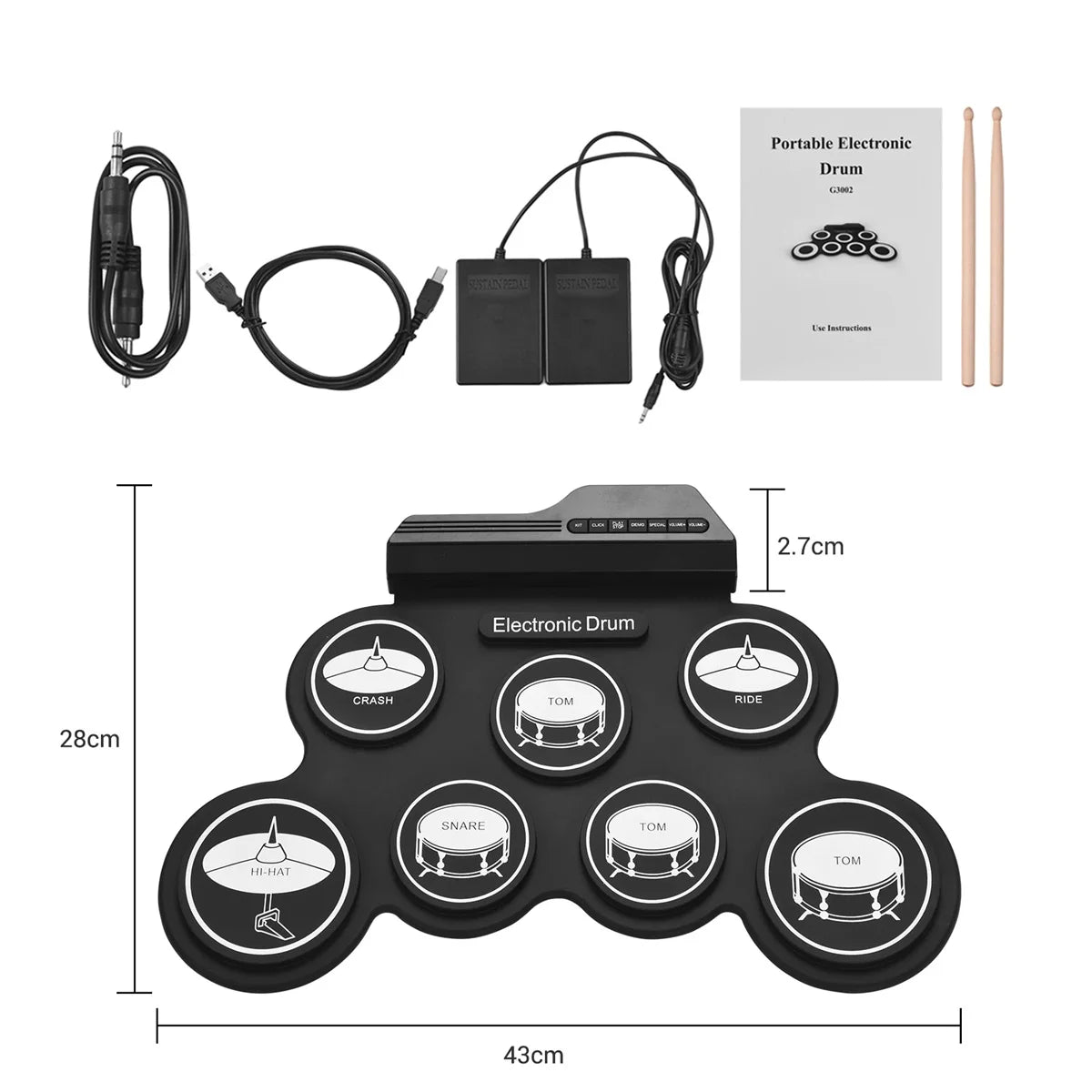 Foldable Silicone Electronic Drum Pad with Drumsticks and Sustain Pedals