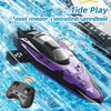 A purple and black stunt remote-controlled speedboat is shown in splashing water with a controller nearby.