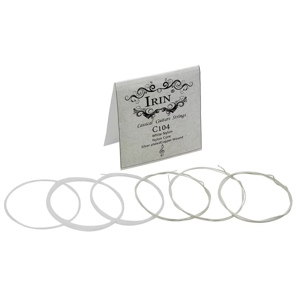 A set of classical guitar strings including white nylon and silver-plated copper wound strings.