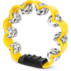 Yellow petal-shaped hand-cranked tambourine with silver grips and black base