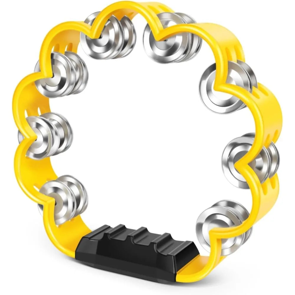 Yellow petal-shaped hand-cranked tambourine with silver grips and black base