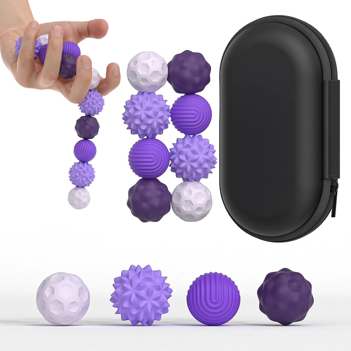 A set of purple and white magnetic sensory fidget balls with silicone shells shown in various sizes and colors.
