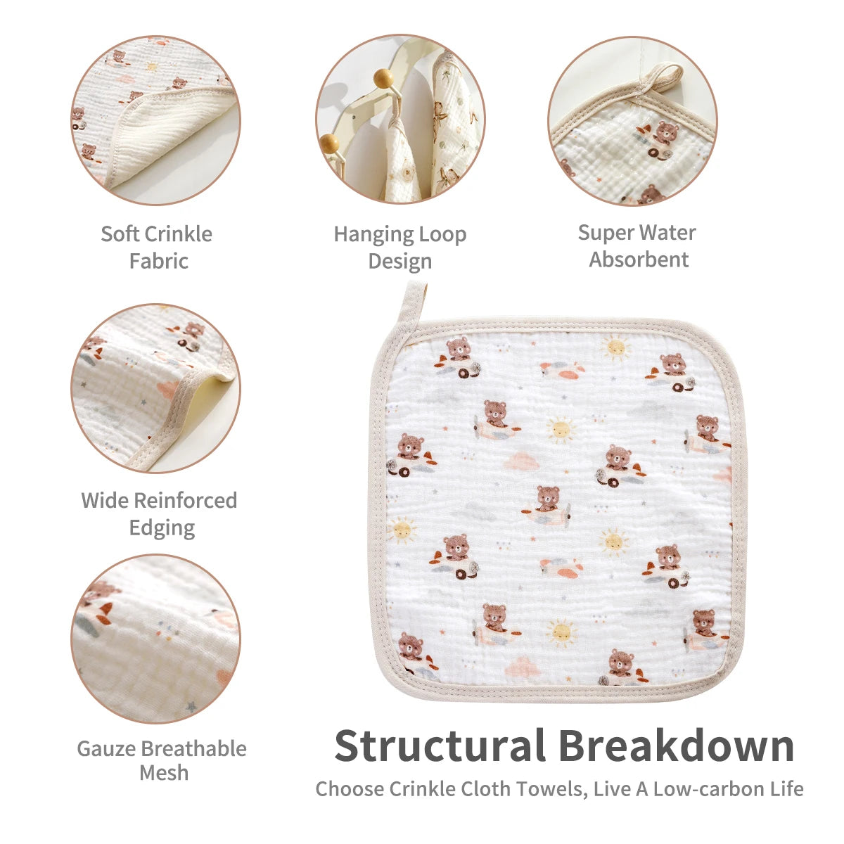 Structural breakdown of crinkle cloth towels showing fabric features like soft crinkle texture, hanging loop design, and rein