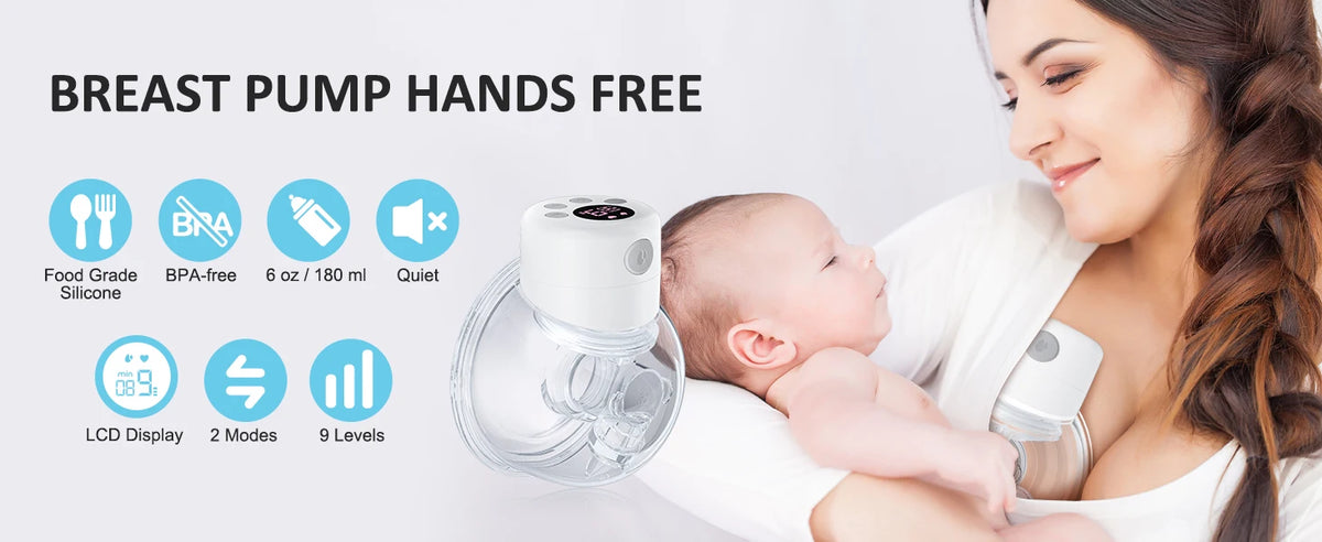 A woman is using a hands-free electric breast pump for her baby, demonstrating its features.