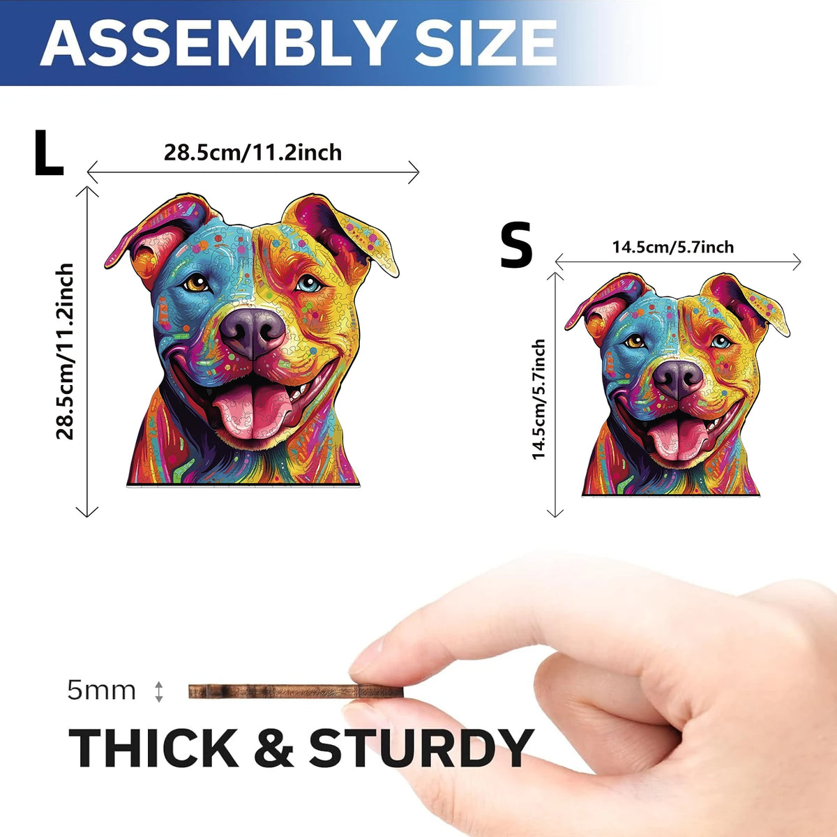 Assembly size diagram showing Large and Small sizes of a colorful wooden dog jigsaw puzzle