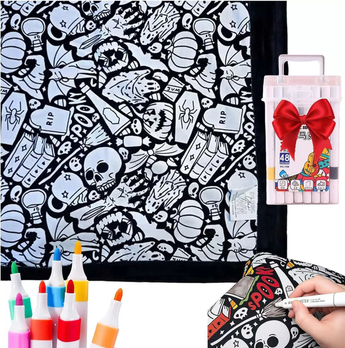 A DIY coloring blanket featuring a black and white skull pattern with a set of 24 markers.