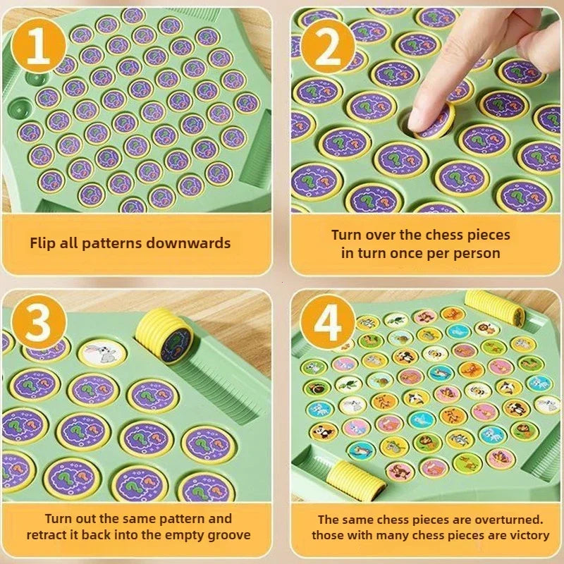 Instructions for playing the Animal Flip Chess Game showing patterns and chess pieces