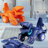 A collection of dinosaur transforming cars in orange and blue colors displayed on a shelf.