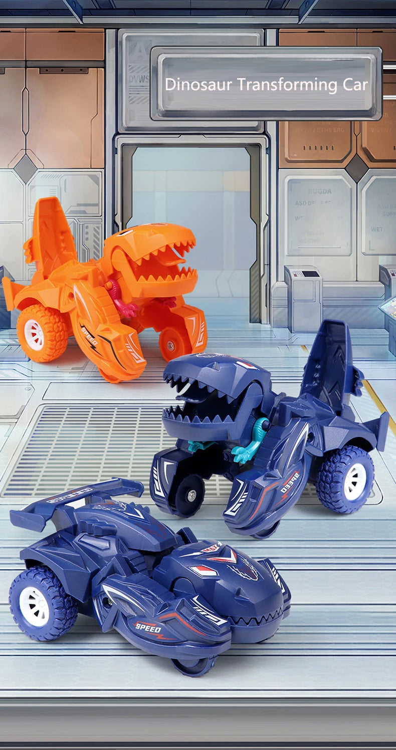 A collection of dinosaur transforming cars in orange and blue colors displayed on a shelf.