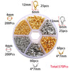 Jewelry making kit containing various gold and silver jump rings, clasps, and crimps in a plastic container.
