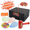 A box of party balloons, a red plunger, and a circular game disc for a balloon popping party game.