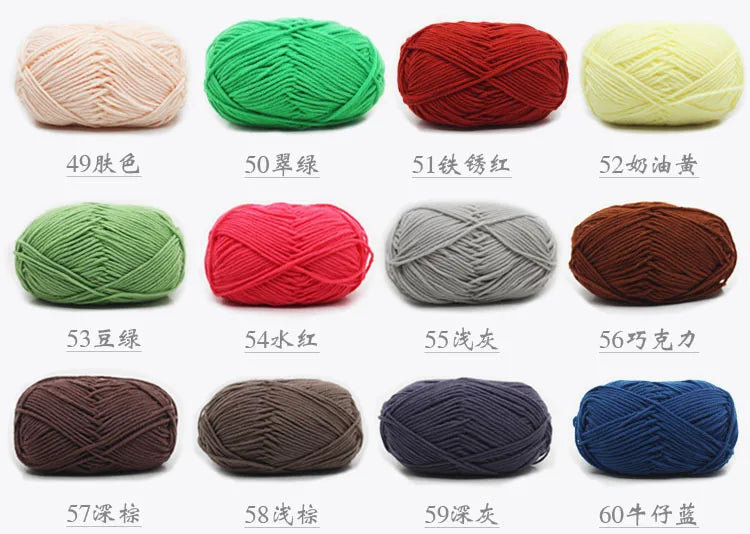 A collection of pre-dyed milk cotton yarn in various colors and thicknesses, displayed as skeins.