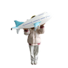 A person is holding a white foil balloon plane decorated with blue accents, posing for a photo.